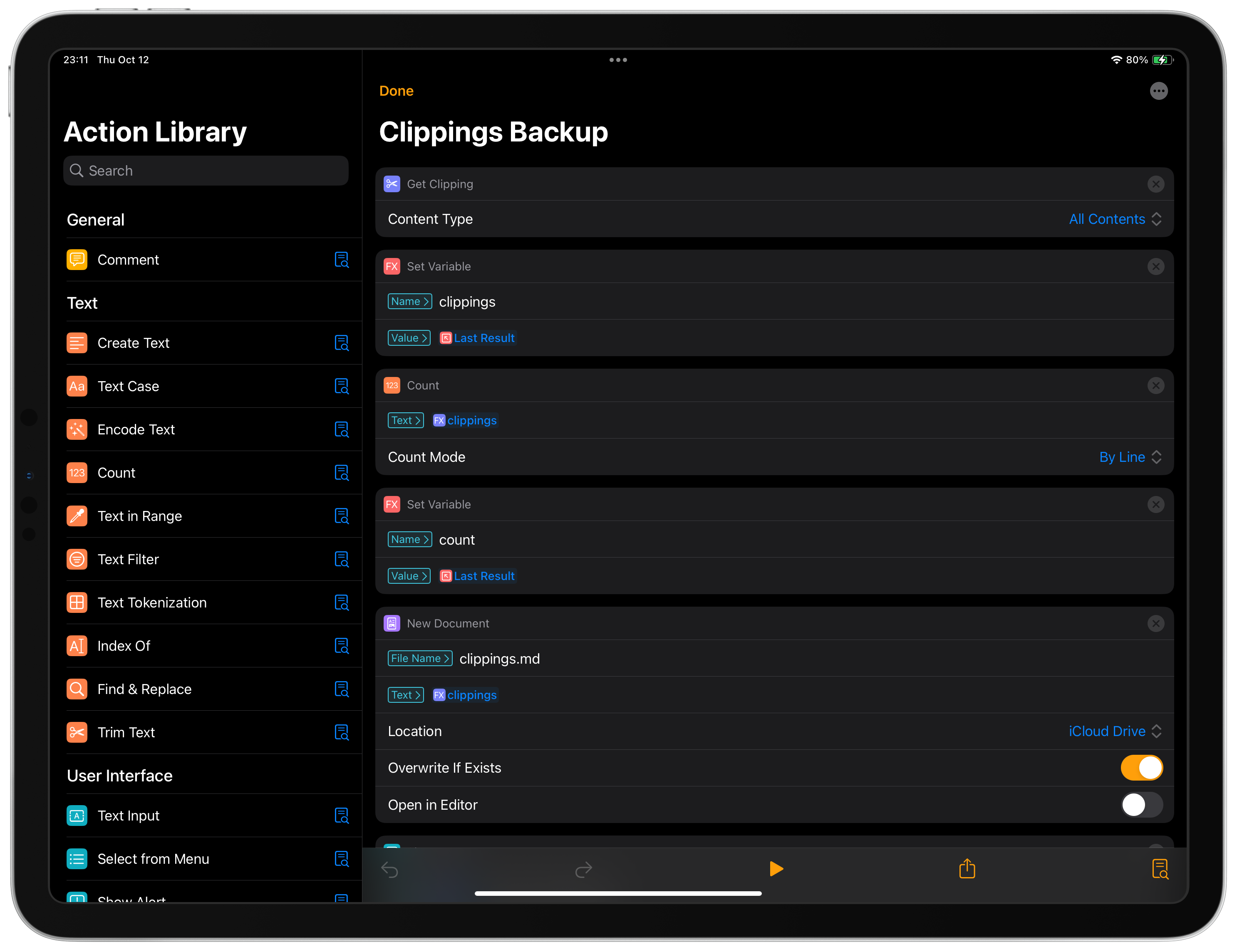 Clippings Backup action open in the Taio Action Editor.