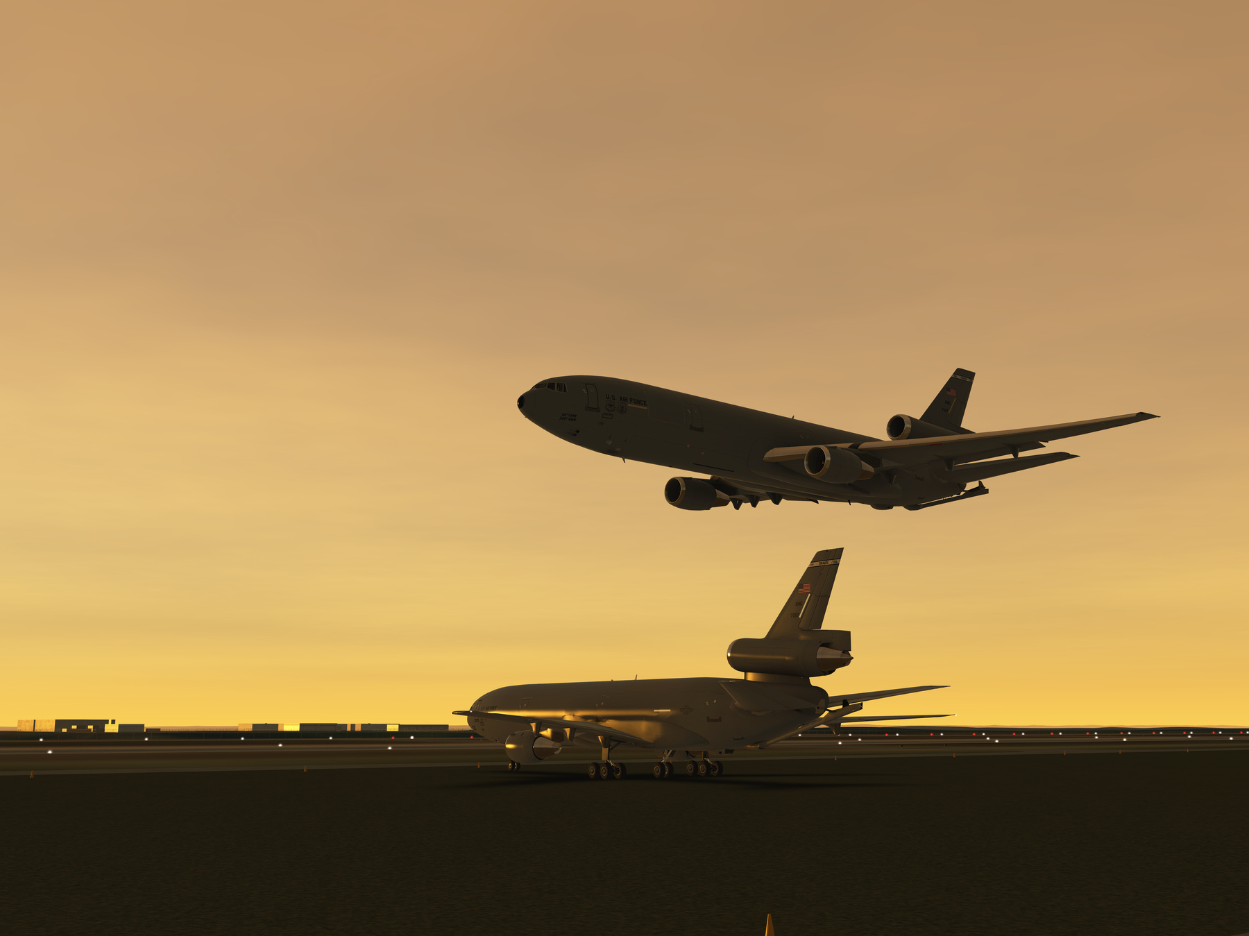 An airplane takes off into a golden sunset sky as another airplane taxis on a runway below.