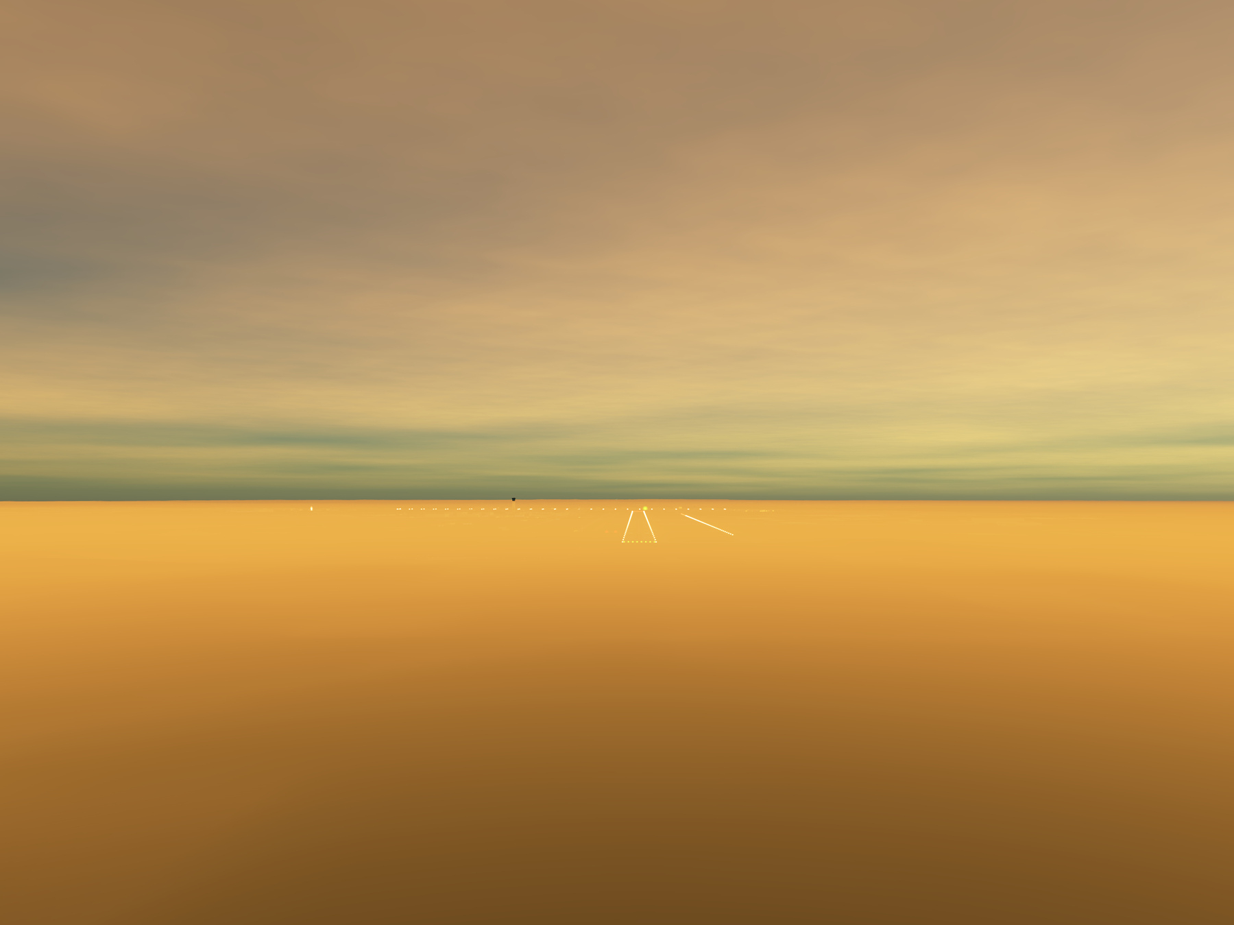 An abstract landscape features a vast, flat expanse with a muted, golden hue and a distant horizon under a soft, cloudy sky.