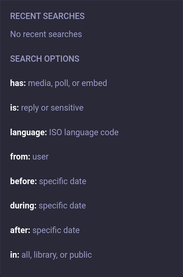 The native Mastodon web search tooltip showing available search options.