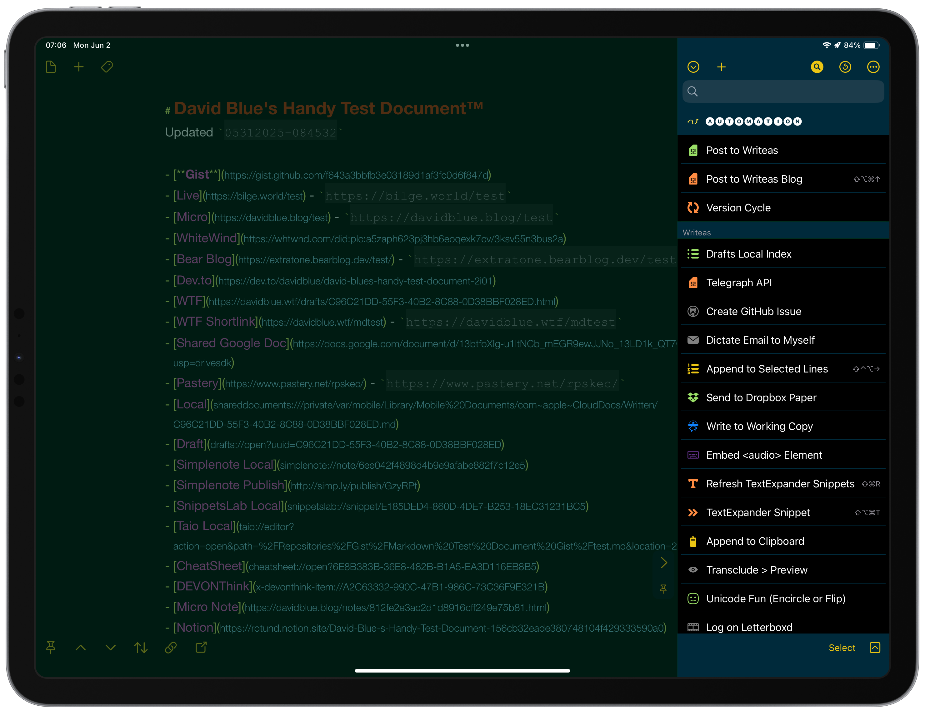 A digital interface displays a text document with various links and options alongside a sidebar with a list of actions and commands.
