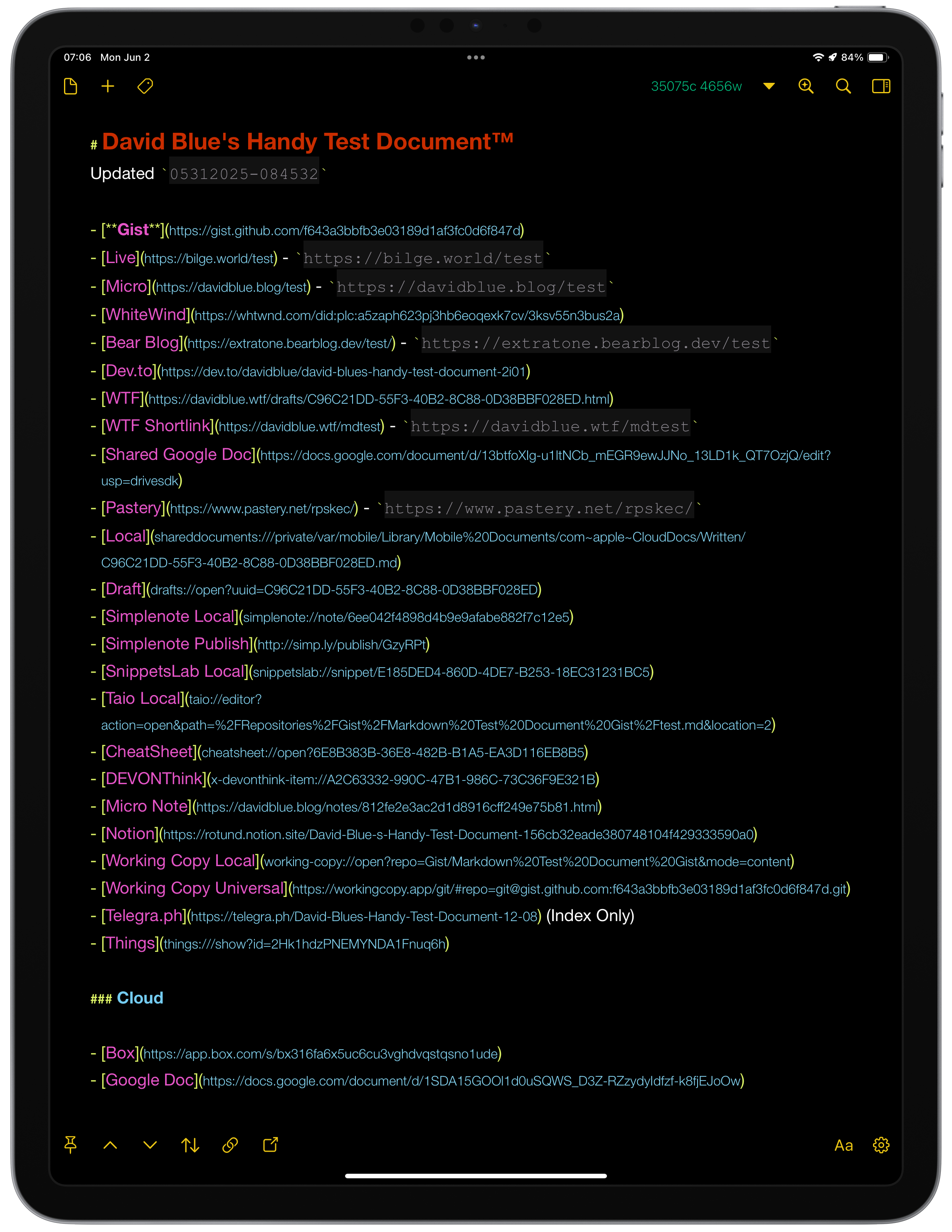 An iPad screen displays a document titled David Blue's Handy Test Document™ with a list of links, updates, and timestamp.